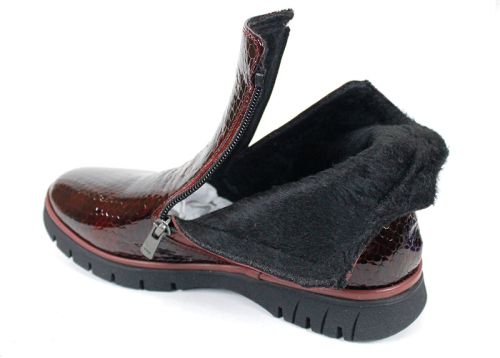 дамски ниски боти Velina Forte от естествен лак и кожа, бордо, с плюшен хастар и два ципа