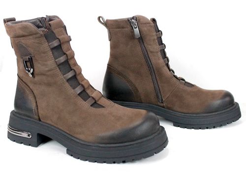 дамски боти Terra Valen, естествен набук, кафяви, потъмнени зони, декоративни каишки, зимни, нисък ток