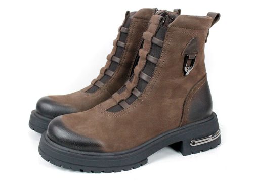 дамски боти Terra Valen, естествен набук, кафяви, потъмнени зони, декоративни каишки, зимни, нисък ток