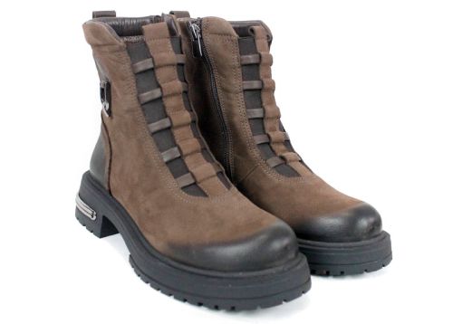 дамски боти Terra Valen, естествен набук, кафяви, потъмнени зони, декоративни каишки, зимни, нисък ток