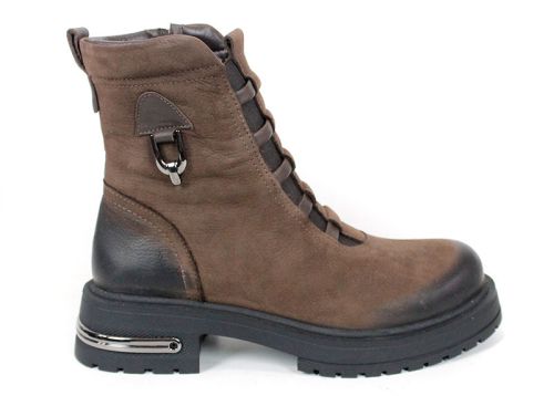 дамски боти Terra Valen, естествен набук, кафяви, потъмнени зони, декоративни каишки, зимни, нисък ток