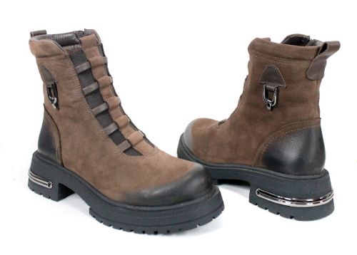 дамски боти Terra Valen, естествен набук, кафяви, потъмнени зони, декоративни каишки, зимни, нисък ток