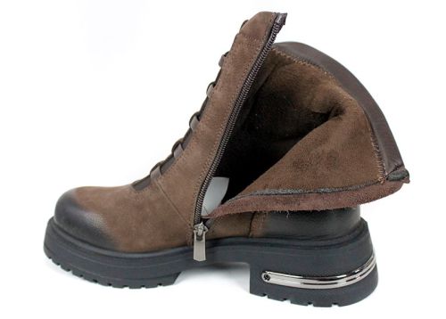 дамски боти Terra Valen, естествен набук, кафяви, потъмнени зони, декоративни каишки, зимни, нисък ток