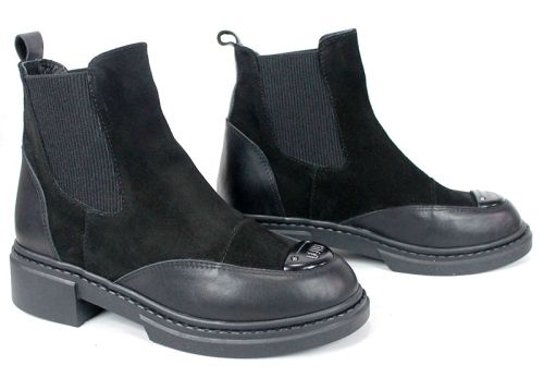 дамски боти Noiré Lume, черни, естествена кожа и велур, Челси модел, зимни, нисък ток, елегантен стил