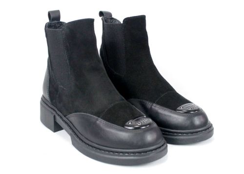 дамски боти Noiré Lume, черни, естествена кожа и велур, Челси модел, зимни, нисък ток, елегантен стил