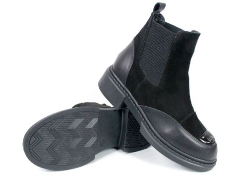 дамски боти Noiré Lume, черни, естествена кожа и велур, Челси модел, зимни, нисък ток, елегантен стил