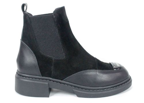 дамски боти Noiré Lume, черни, естествена кожа и велур, Челси модел, зимни, нисък ток, елегантен стил