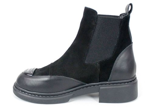 дамски боти Noiré Lume, черни, естествена кожа и велур, Челси модел, зимни, нисък ток, елегантен стил