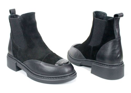 дамски боти Noiré Lume, черни, естествена кожа и велур, Челси модел, зимни, нисък ток, елегантен стил