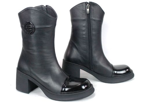Dama Nero – дамски боти от естествена кожа и лак, черни, със среден ток и топъл хастар