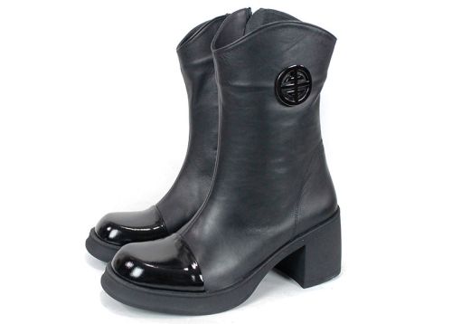 Dama Nero – дамски боти от естествена кожа и лак, черни, със среден ток и топъл хастар