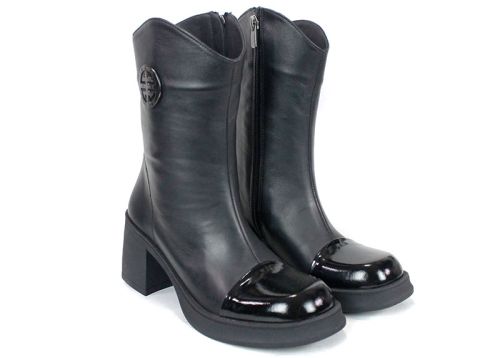 Dama Nero – дамски боти от естествена кожа и лак, черни, със среден ток и топъл хастар