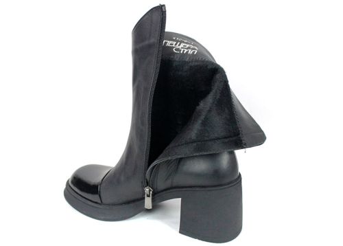 Dama Nero – дамски боти от естествена кожа и лак, черни, със среден ток и топъл хастар