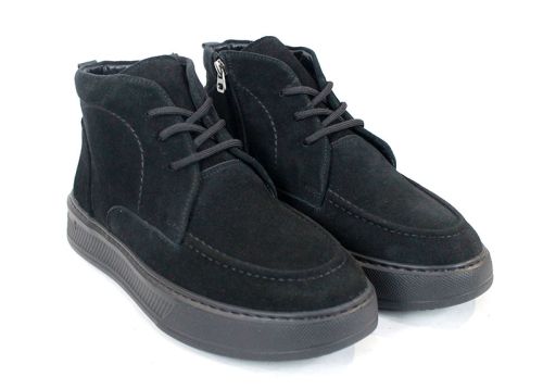 Мъжки боти Loftе Vento – естествен черен велур, цип и връзки, широк комфорт и топъл хастар