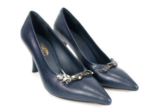 Дамски официални обувки Luxe Éternelle – тъмно син цвят, естествена кожа, висок тънък ток