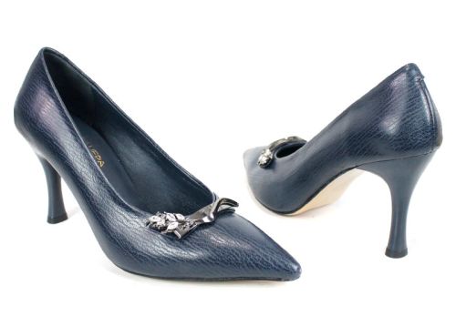 Дамски официални обувки Luxe Éternelle – тъмно син цвят, естествена кожа, висок тънък ток