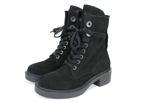 Dolce Fumo – дамски велурени кубинки в черно с връзки и страничен цип