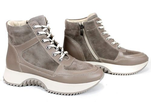 Дамски високи сникърси – естествена кожа и велур, топъл хастар, цвят визон - модел Rovere Alto