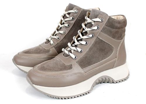 Дамски високи сникърси – естествена кожа и велур, топъл хастар, цвят визон - модел Rovere Alto