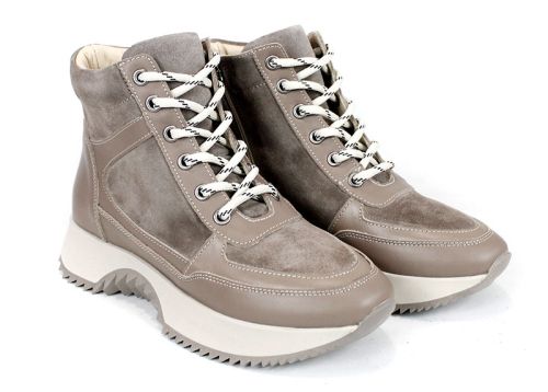 Дамски високи сникърси – естествена кожа и велур, топъл хастар, цвят визон - модел Rovere Alto