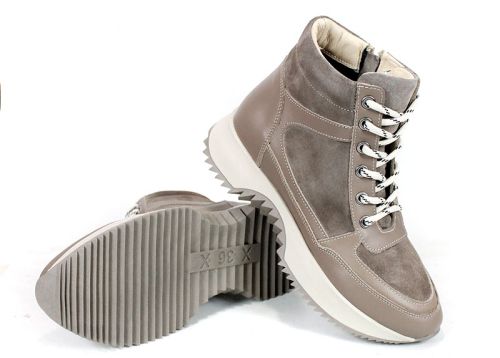 Дамски високи сникърси – естествена кожа и велур, топъл хастар, цвят визон - модел Rovere Alto