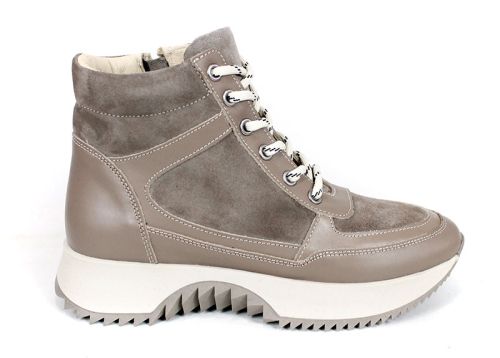 Дамски високи сникърси – естествена кожа и велур, топъл хастар, цвят визон - модел Rovere Alto