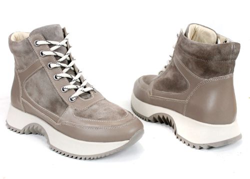 Дамски високи сникърси – естествена кожа и велур, топъл хастар, цвят визон - модел Rovere Alto