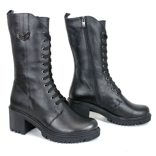 Дамски високи кубинки Valora Nera от естествена черна кожа с връзки, цип и зимно ходило