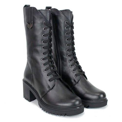 Дамски високи кубинки Valora Nera от естествена черна кожа с връзки, цип и зимно ходило