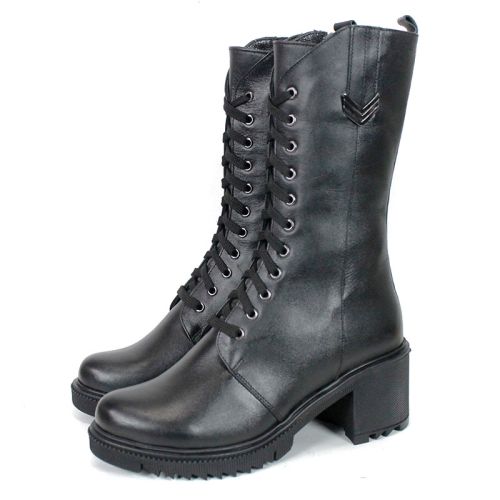 Дамски високи кубинки Valora Nera от естествена черна кожа с връзки, цип и зимно ходило