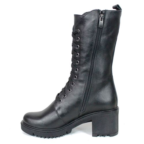 Дамски високи кубинки Valora Nera от естествена черна кожа с връзки, цип и зимно ходило
