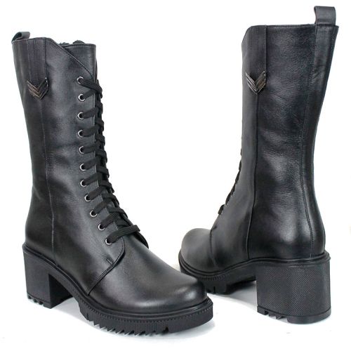 Дамски високи кубинки Valora Nera от естествена черна кожа с връзки, цип и зимно ходило