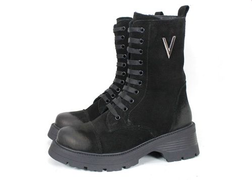 Дамски кубинки Terra Vento от естествен черен набук с връзки и цип