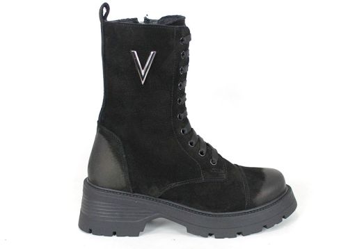 Дамски кубинки Terra Vento от естествен черен набук с връзки и цип