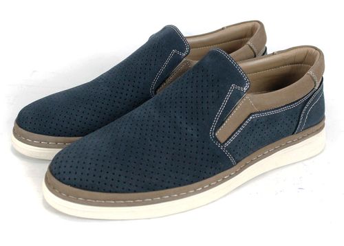 Мъжки летни обувки без връзки от естествен тъмносин набук с визон детайли и гъвкаво ходило