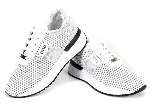 Дамски летни сникърси Soft Edge от естествена кожа в бял цвят със сребрист леопардов ефект