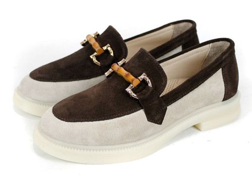 дамски лоуфъри естествен велур бежово и тъмно кафяво Lora Line