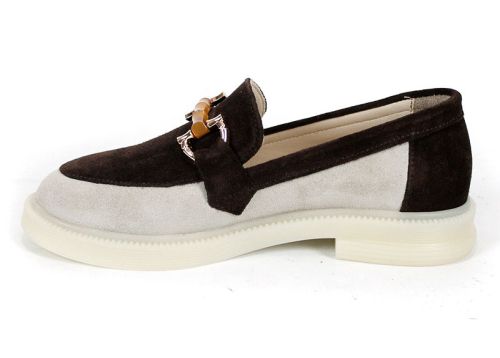 Lora Line – дамски лоуфъри от естествен велур в бежово и тъмно кафяво