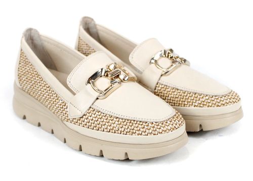 Ravena Sola – loaferi damă din piele naturală și material textil, bej