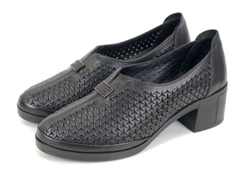 Летни обувки с нисък ток Talora Mien – естествена кожа в черно с перфорация