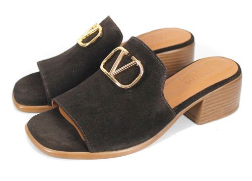 Viora Lume – дамски велурени чехли с елегантен ток в тъмно кафяво