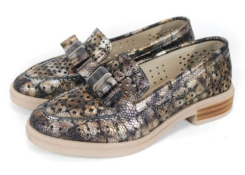 Pure Motion – дамски летни обувки от естествена кожа с перфорация и кроко принт в кафяво със златист оттенък