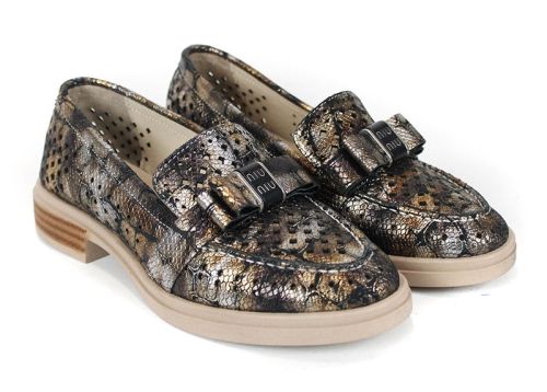 Pure Motion – дамски летни обувки от естествена кожа с перфорация и кроко принт в кафяво със златист оттенък