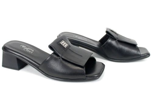 дамски чехли на ток естествена кожа черни