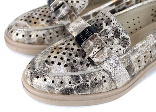 Дамски летни обувки Pure Motion от естествена кожа с перфорация – визон с кроко принт и златист ефект