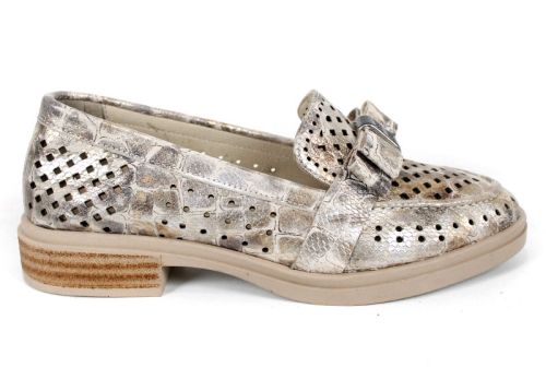 Дамски летни обувки Pure Motion от естествена кожа с перфорация – визон с кроко принт и златист ефект