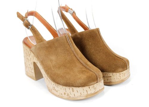 Елегантно дамско сабо Zarela Touch от естествен велур – пустинно кафяво