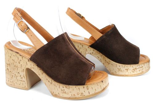 дамско сабо отворени пръсти естествен велур тъмно кафяво