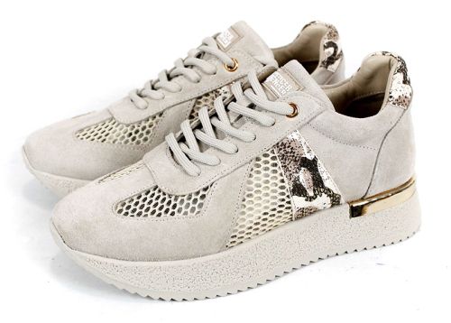 Melora Vanté – дамски сникърси от естествен велур с мрежа и стилен питон акцент в бежово