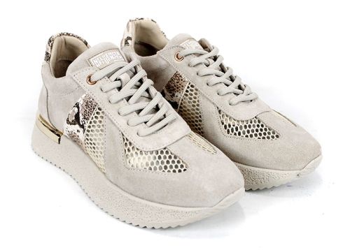 Melora Vanté – дамски сникърси от естествен велур с мрежа и стилен питон акцент в бежово